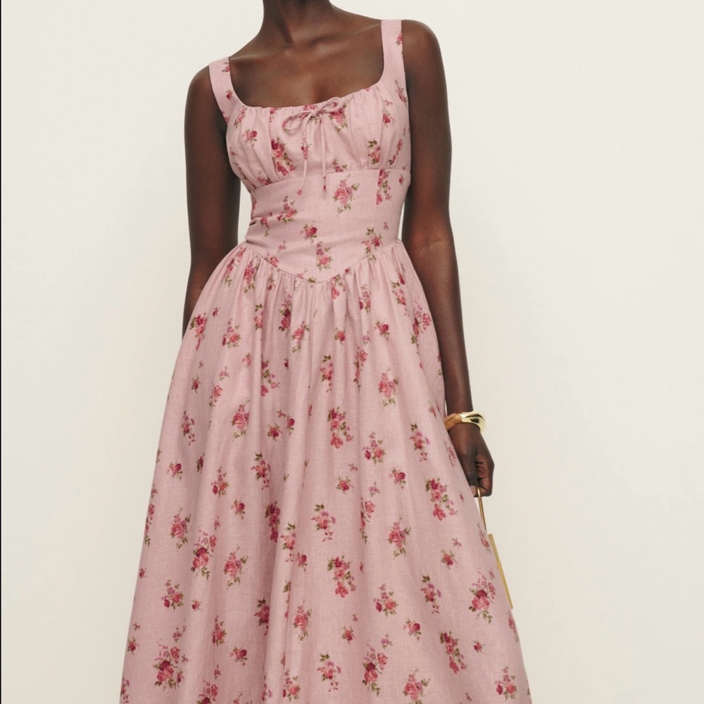 REFORMATION BALIA LINEN PINK FLOWER DRESS adjustable straps